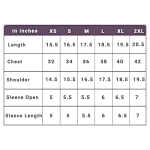 Womens Crop Top Half Sleeve Size Chart