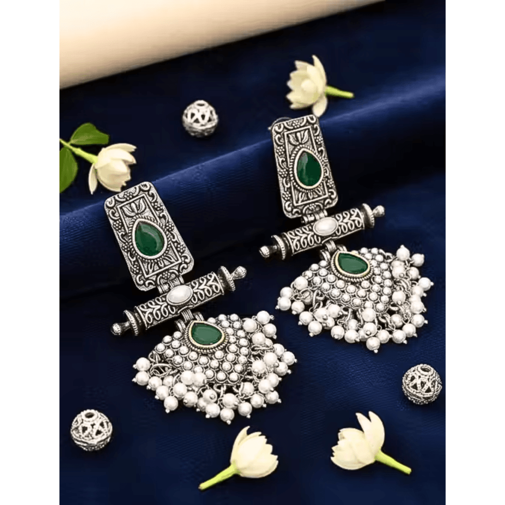 Antique Oxidised Green Stone Pearl Heavy Traditional Jhumka Earrings for Women and Girls