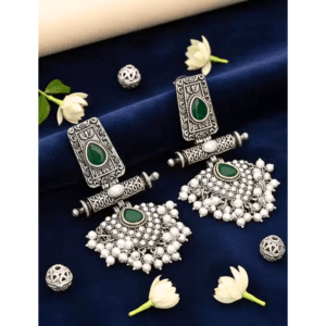 Antique Oxidised Green Stone Pearl Heavy Traditional Jhumka Earrings for Women and Girls