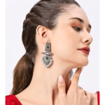 Antique Oxidised Green Stone Pearl Heavy Traditional Jhumka Earrings for Women and Girls - Image 2